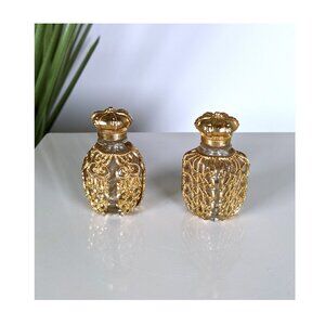 Antique Gold Filigree Glass Miniature Ormolu Vanity Perfume Bottles-Pair, 1¾"